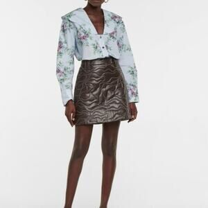 GANNI Organic Cotton Poplin Oversized Collar Blouse Blue Floral Size 42